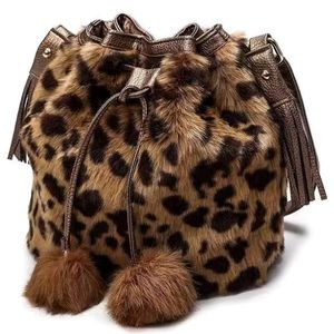 Soft Faux Leopard Fur Cinch Bucket Bag